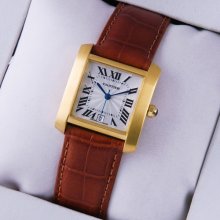 Cartier Tank Francaise mens watch replica 18K yellow gold brown leather strap