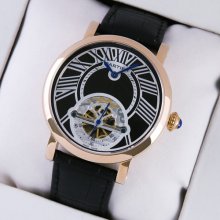 Rotonde de Cartier tourbillon mens watch replica 18K pink gold black leather strap