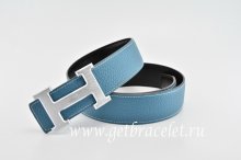 Hermes Reversible Belt Blue/Black Classics H Togo Calfskin With 18k Silver With Logo Buckle