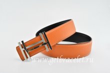 Hermes Reversible Belt Orange/Black H au Carre Togo Calfskin With 18k Silver Buckle