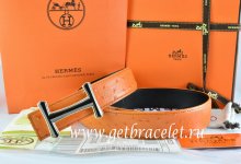 Hermes Reversible Belt Orange/Black Ostrich Stripe Leather With 18K Black Gold Idem Buckle