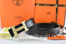 Hermes Reversible Belt Black/Black Ostrich Stripe Leather With 18K Gold Weave Stripe H Buckle