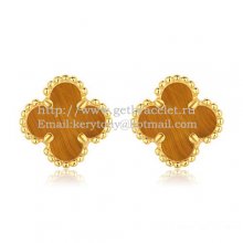 Van Cleef & Arpels Sweet Alhambra Earrings 9mm Yellow Gold With Tiger's Eye Mother Of Pearl