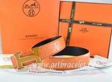 Hermes Reversible Belt Orange/Black Ostrich Stripe Leather With 18K Orange Gold Width H Buckle