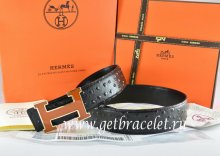 Hermes Reversible Belt Black/Black Ostrich Stripe Leather With 18K Brown Gold Width H Buckle