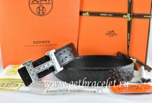 Hermes Reversible Belt Black/Black Ostrich Stripe Leather With 18K Silver Spot Stripe H Buckle