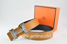 Hermes Reversible Belt Light Coffe/Black Togo Calfskin With 18k Silver Geometric Stripe H Buckle